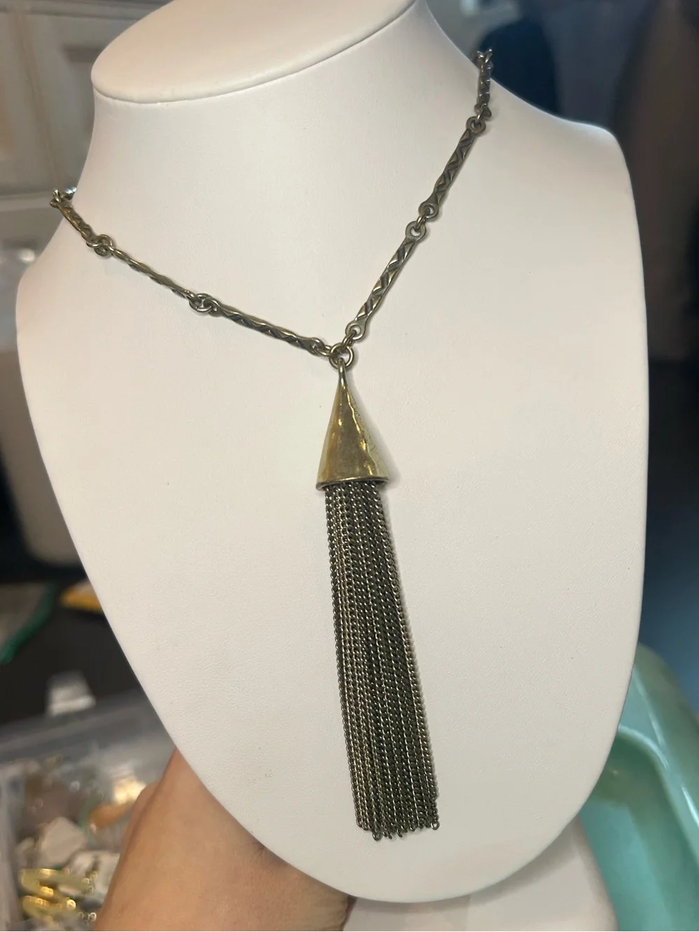 Lucky Brand Antique Brass Cone Tassel Fringe Pendant Boho Statement Necklace